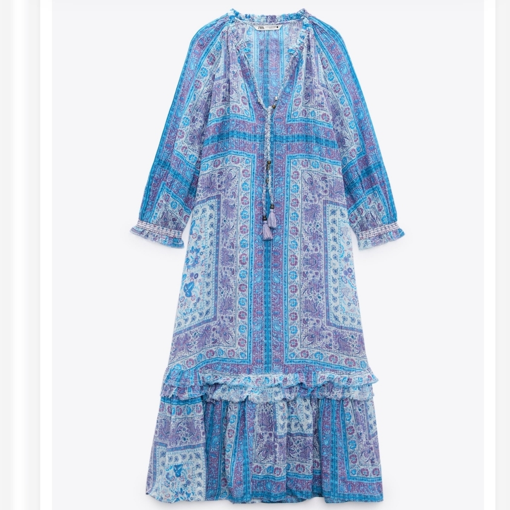 Zara* Printed Blue Midi Boho Dress - Picture 4 of 11